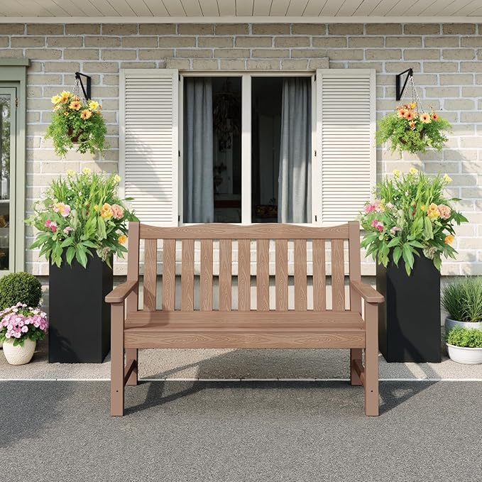 Stoog Outdoor Benches Set of 2, 2-Person Poly Lumber Garden Bench with Real Wood Look, Never Fade & Rust-Proof, All-Weather for Patio, Porch, Deck, and Backyard, Teak