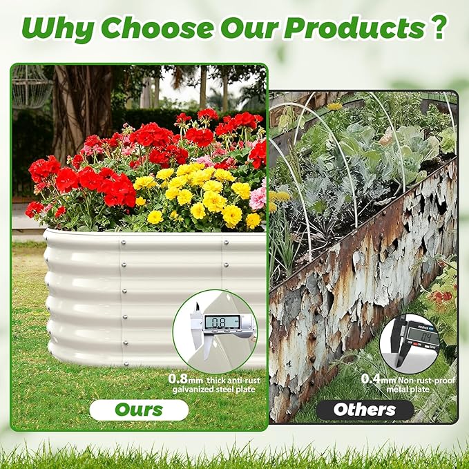 17" Tall Outdoor Garden Raised Garden Bed Kits, 4ft X 2ft Oval,0.8MM Thick Metal Raised Planter Bed/Ground Planter Box for Variety of Flowers,Herbs,Vegetables (Cream White, 48X24X16.5 Inches)