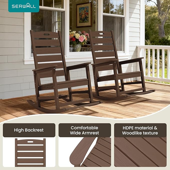SERWALL Outdoor Rocking Chair Set of 4, Oversized HDPE Patio Rocking Chair with Footrest for Adults, All Weather Porch Rocker for Deck Patio Balcony, Brown