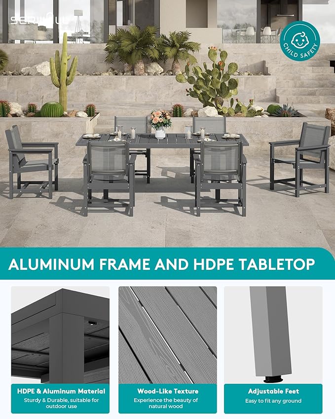 SERWALL 9-Piece Outdoor Dining Set, 60" - 83" Expandable Patio Dining Table with 6 Breathable Textilene Chairs, All Weather HDPE Patio Furniture Set for Backyard, Garden, Grey