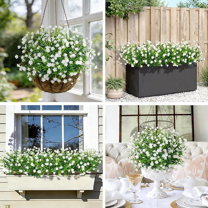 20 Bundles Artificial Flowers for Outdoors Fake Plastic Flowers UV Resistant Realistic Faux Plants Shrubs for Spring Summer Garden Porch Yard Patio Planter Window Box Home Decor, White