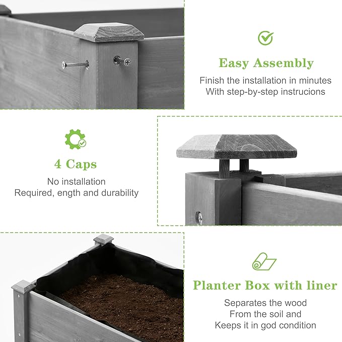 SoliWood Set of 2 Raised Garden Bed with Legs, 48x24x30'', Outdoor Wood Elevated Planter Box, Grey Cedar, Thick Legs, w/Liner
