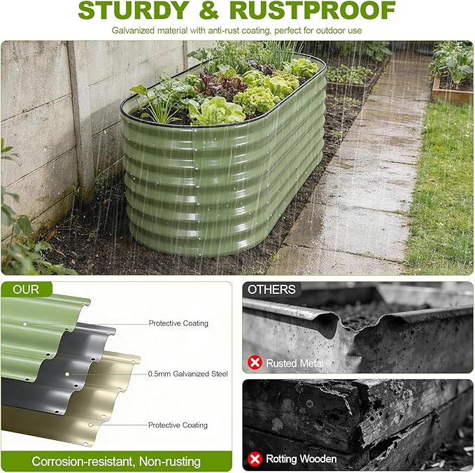 24" Tall Galvanized Raised Garden Bed Outdoor, 4x2x2ft Deep Metal Planter Box with Safety Edging & Support Bars, Large Oval Raised Beds for Gardening Plants Vegetables Herbs Flowers (Olive Green)