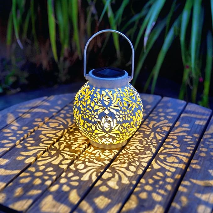 2 Pack Outdoor Solar Hanging Lantern Lights Metal LED Decorative Lamp for Garden Patio Courtyard Lawn and Table with Hollowed-Out Design (White)