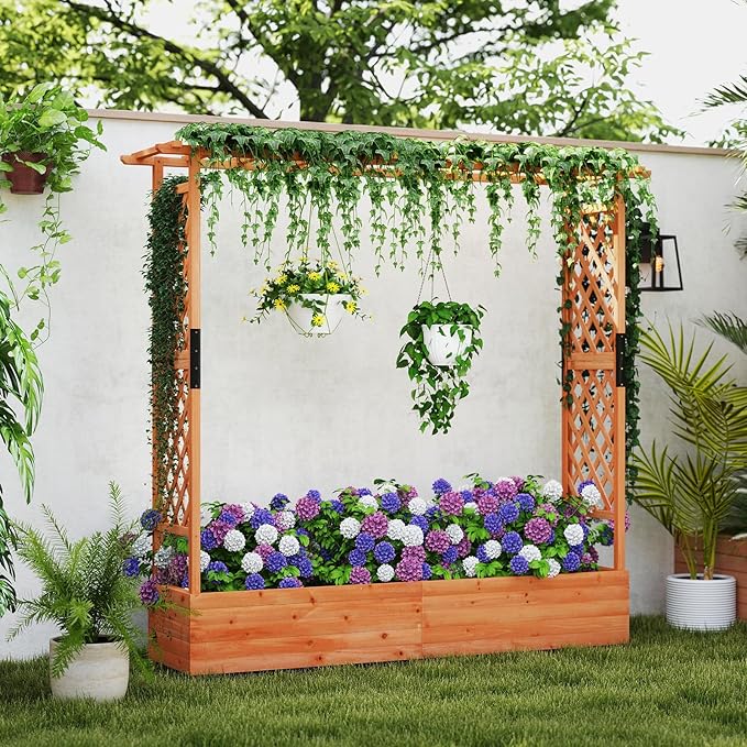 Giantex Raised Garden Bed with Trellis & Hanging Roof, Wood Planter Box with Bottom and Drainage Holes, Freestanding Garden Planter for Flower Vegetable Fruit Herb Climbing Vines, 77"x17"x72"