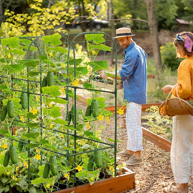 67 x 50 Cucumber Trellis for Raised Bed, U-Shape Metal Large Garden Trellis for Climbing Plants Outdoors with Netting, Garden Tools, Cucumber Arch Trellis for Vegetable Fruit Flower Plant Support
