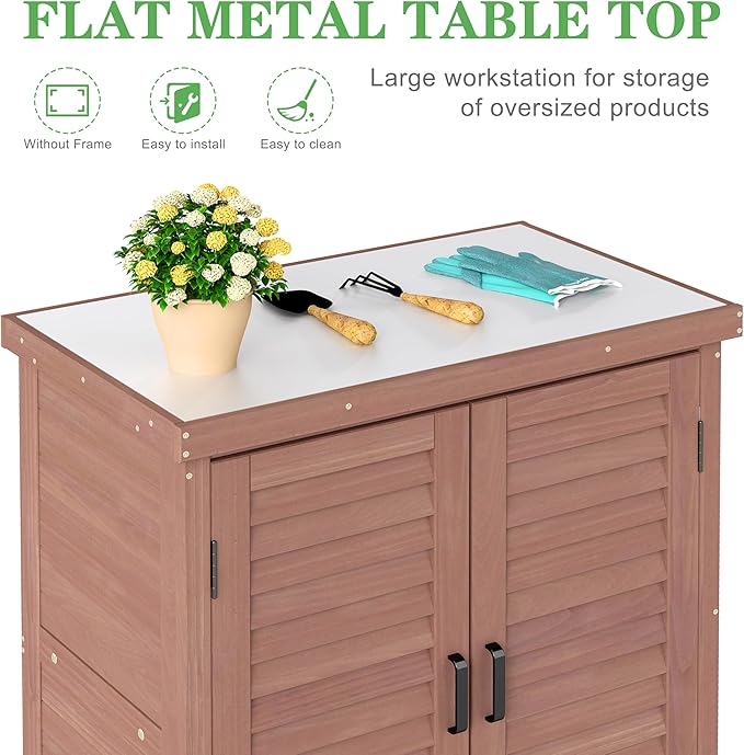Outdoor Potting Bench with Storage Cabinet and Metal Top, Wood Workstation for Outdoor Patio, Garden (Dark Brown, 31x17x36‘’)