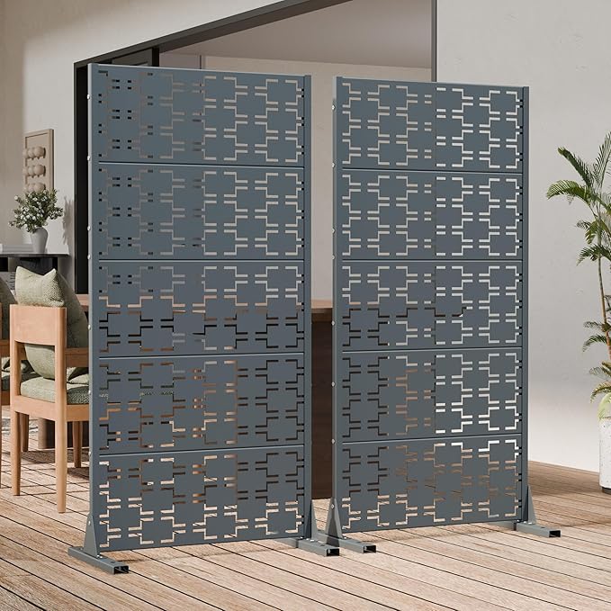 Casaphoria Metal Privacy Screen Outdoor, 60" x 30" W Freestanding Decorative Privacy Screen for Patio Deck Balcony Garden with Stable Base, Drakgrey-Brick