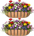 16“ Window Box Railing Planter with Coco Liner Metal Wall-Mounted Coconut Liner Planter Basket English Horse Trough Planters for Outdoor Deck Balcony Porch Fence Patio Black (2 Pack)