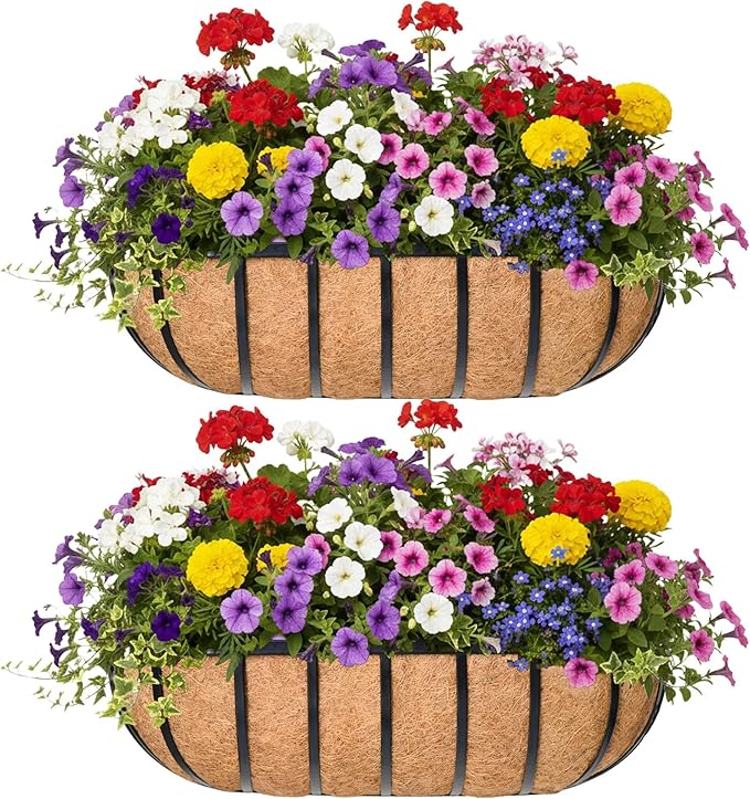 16“ Window Box Railing Planter with Coco Liner Metal Wall-Mounted Coconut Liner Planter Basket English Horse Trough Planters for Outdoor Deck Balcony Porch Fence Patio Black (2 Pack)