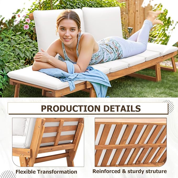 Devoko Outdoor Couch Acacia Wood Patio Couch with Adjustable Armrests, Outdoor Convertible Sofa with Removable Cushions & Pillows for Patio, Porch, Poolside(White)