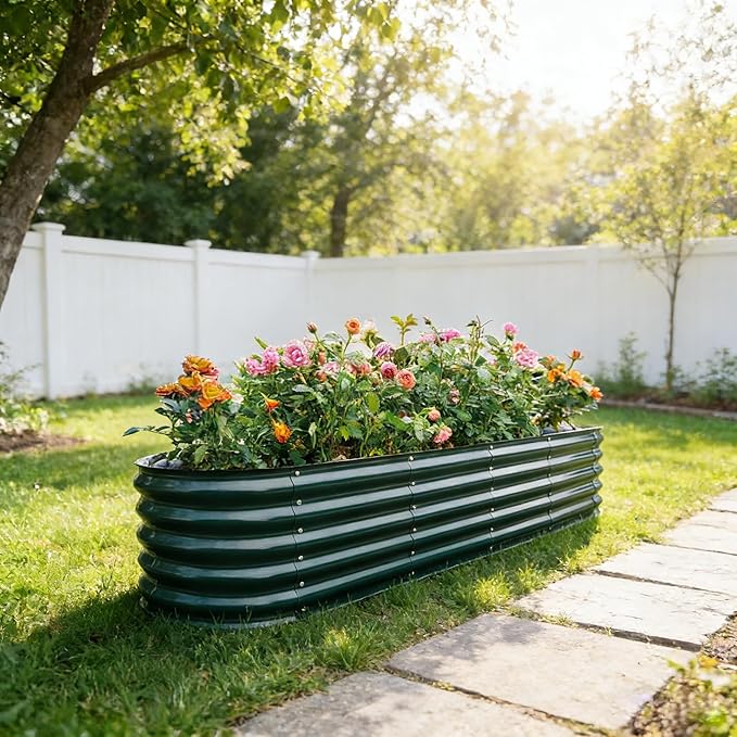 Gardmax Galvanized Raised Garden Bed, Lightweight Planter Boxes Outdoor with Easy Assembly, Large Garden Bed for Vegetables, Fruits, Flower Dark Green 8FT