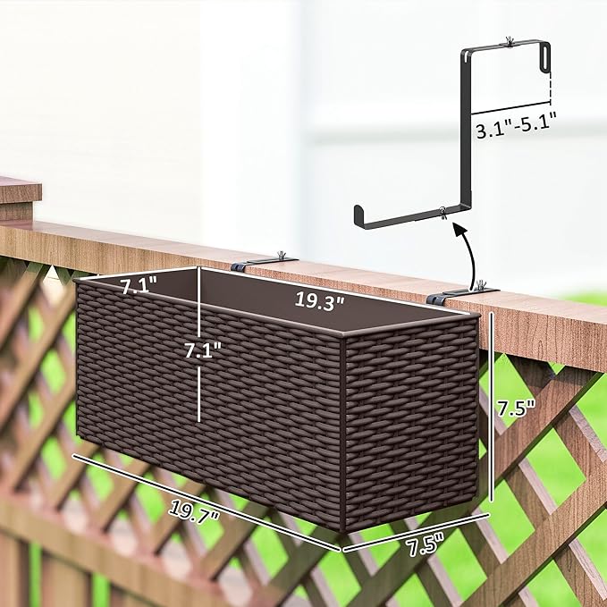 Outsunny Railing Planter Box (2 Pack, 20 Inch), Hanging Flower Pots with Hooks, Drainage Holes for Fence, Balcony, Garden, Patio, Rattan Look, Brown