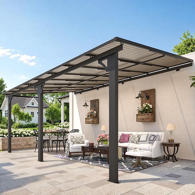 AECOJOY 10' x 16' Adjustable Height Outdoor Lean to Gazebo Pergola for Patio, Large Wall-Mounted 6.5-9.8 Ft Hard Top Metal Heavy Duty Metal Awnings Shelter Pergolas and Gazebos Clearance with Roof