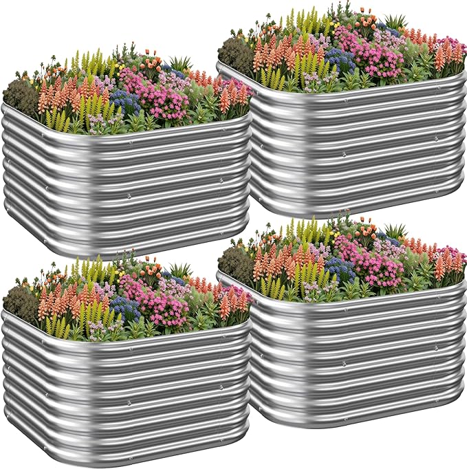 4 Pack 3x3FT Corrugated Galvanized Steel Raised Garden Bed Outdoor, Metal Above Ground Garden Bed for Vegetables and Flowers, Raised Beds for Gardening-3x3FTx10Inch