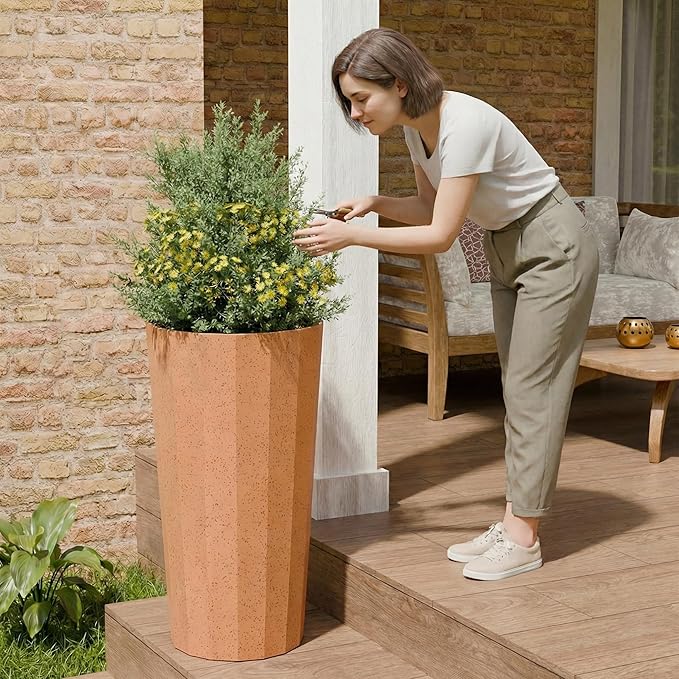 23.6" H Tall Planters for Outdoor Plants, 2 Pack Large Outdoor Planters for Porch Decor with Automatic Drainage Hole, Plastic Stripe Design Flower Pots Fits Indoor Plants Patio Garden, Black