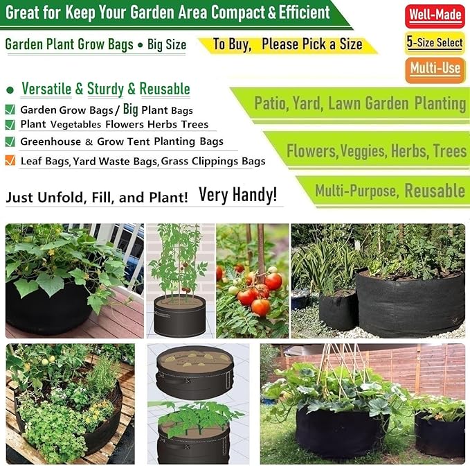 3-Pack 50 Gallon Thickened Plant Grow Bags Large (30x16 in) Heavy Duty Fabric Plant Pots Garden Bag for Potato,Tomato Planter,Herbs Veggies Planting,Flower Pots,Barrel Planter,Leaf Bag,Yard Waste Bags