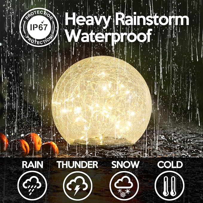 Outdoor Waterproof IP65 Solar Globe Lights, Led Solar Light Balls for Lawn Garden Patio Table Art Decoration, Yard Landscape Illuminated Cracked Glass Sphere Gazing Ball Lights, Round Ornaments Orbs