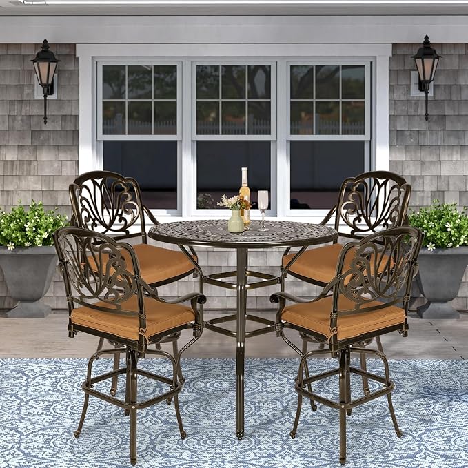 VIVIJASON 5-Piece Patio Swivel Bar Stools Set, All Weather Cast Aluminum Outdoor Bar Height Bistro Set with 4 Cushioned Bar Chairs & 38.5" High Bar Table w/Umbrella Hole for Backyard, Lawn, Garden