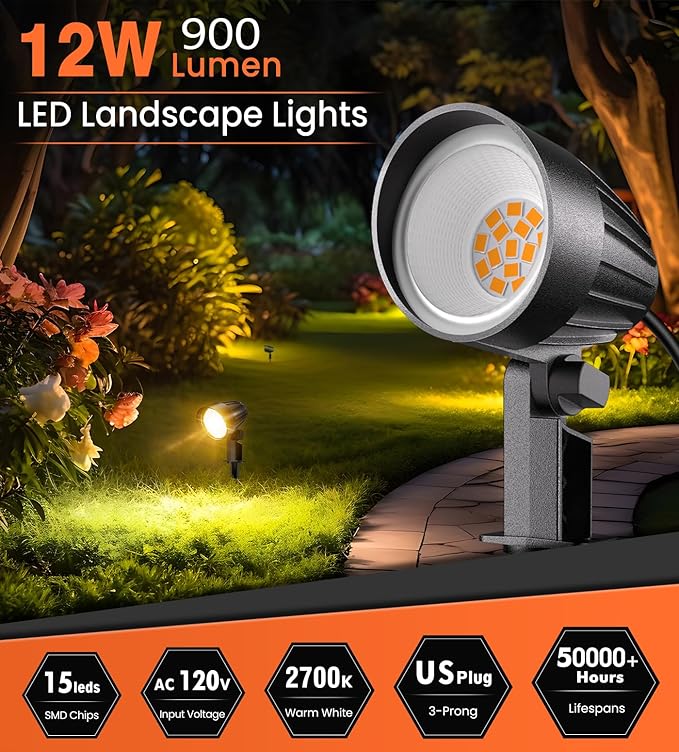 MEIKEE 12W Landscape Lighting, 120V 2700K Warm White LED Garden Lights, IP66 Waterproof Outdoor Landscape Spot Lights with US Plug for Wall Tree Fence Yard Path (2 Pack)
