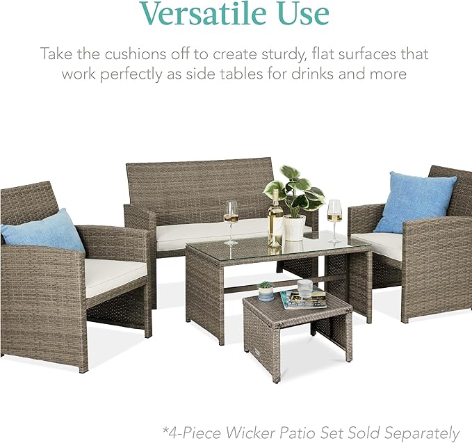 Best Choice Products Set of 2 Wicker Ottomans, Multipurpose Outdoor Furniture for Patio, Backyard, Additional Seating, Footrest, Side Table w/Removable Cushions, Steel Frame - White Sand/Taupe