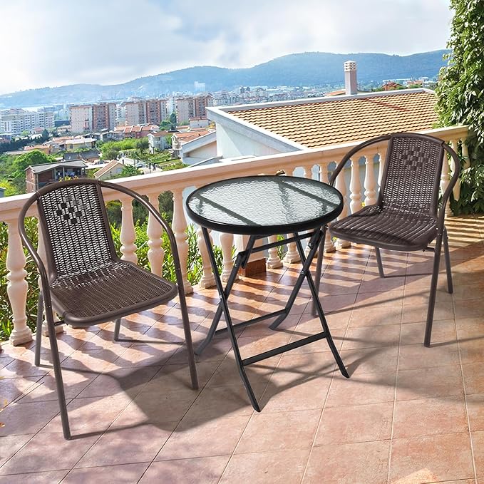 VINGLI PE Rattan Outdoor Dining Chairs Set of 2, Plastic Stackable Patio Chairs for Indoor, Porch, Restaurant, Garden, Brown