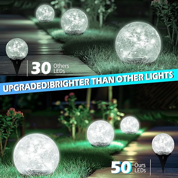 Coroor Garden Solar Ball Lights Outdoor Waterproof, 50 LED Cracked Glass Globe Power Ground for Path Yard Patio Lawn, Outdoor Decoration Landscape White (2 Pack 4.7'')