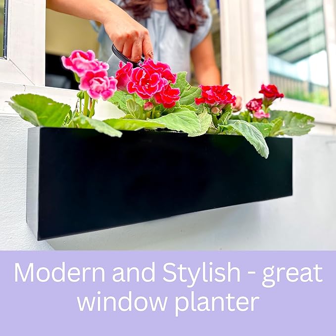 LaLaGreen Wall Planters for Outdoor (24 Inch, 4 Pack) Carbon Steel Black Metal Hanging Flower Pot for Succulents, Wall Mount Rectangular Window Sill Box Fence Floating Garden Shelf Deck Indoor Decor