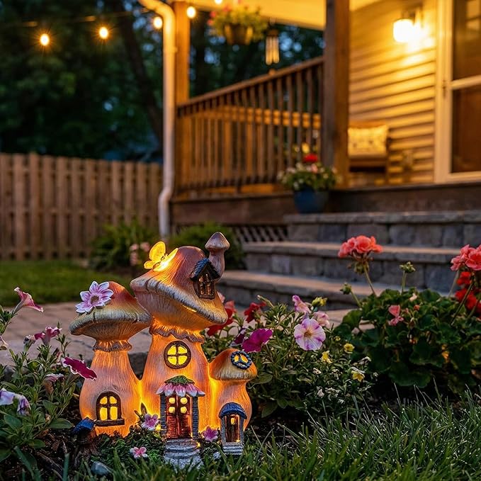 Solar Garden Statue Lights Mushroom Mothers Day Decorations Fairy House Figurine Lights, Outdoor Memorial Garden Ornaments Waterproof Decoration for Outside Patio Yard Lawn Decor
