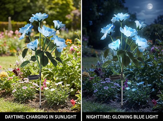 Solar Garden Rose Lights by FANCYPOP, 2 Pack Most Realistic 12 LED Flower Stake Lights, IP65 Waterproof 7 Color Changing Solar Decor for Walkway/Graveyard, Heartwarming Gifts for Grandma & Mom, Blue