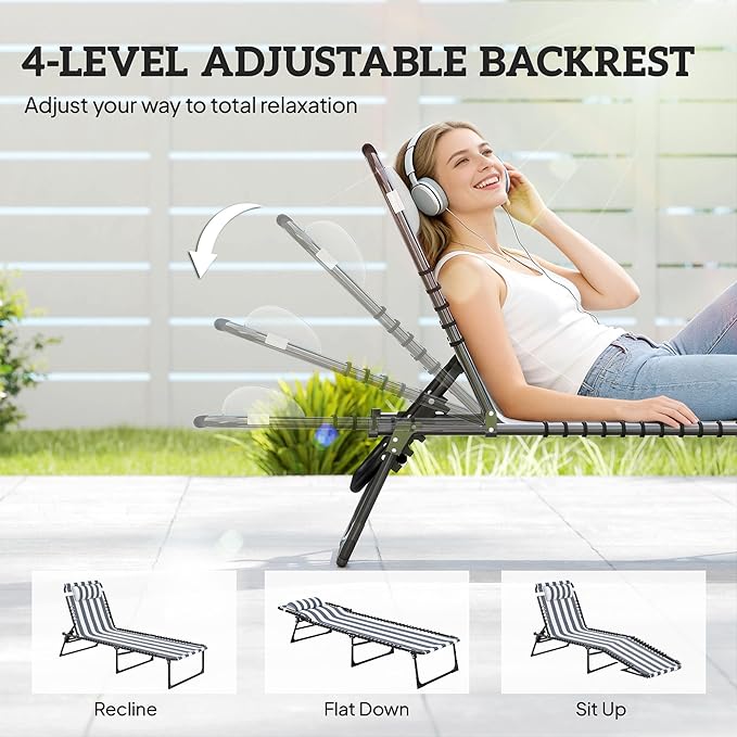Outsunny Folding Chaise Lounge Chair, Patio Sun Tanning Chair, Outdoor Chaise Lounger with 4-Position Reclining Back, Breathable Mesh Seat for Beach, Poolside, Yard, Blue and White