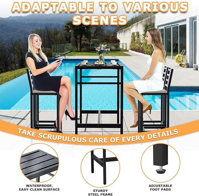 5 Piece Outdoor Patio Bar Set, 54.7" Rectangular Counter Height High Top Bar Tables, 4 Cushioned 41" Bar Stools, Metal Bar Table and Chairs Set for Poolside, Balcony, Backyard, Porch