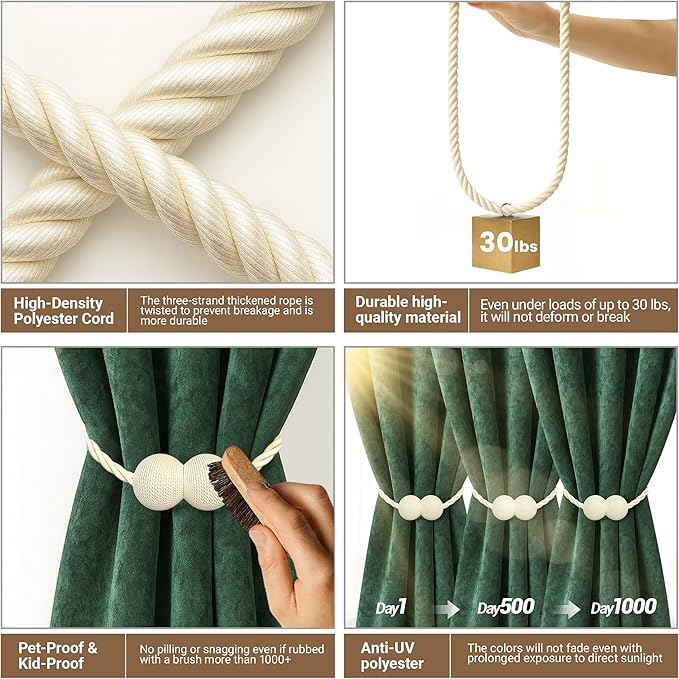 Hion Magnetic Curtain Tiebacks Beige 2pcs, Curtain Tiebacks Buckles Holdbacks Holders Hooks Clip for Home Bedroom Office Decorative Curtain