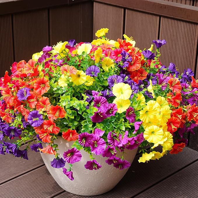 Artificial Flowers for Outdoors, UV Resistant Fake Silk Morning Glory, Realistic Faux Plants for Outside Porch Patio Window Box Hanging Planter (12, Purple Fuchsia Yellow Orange)