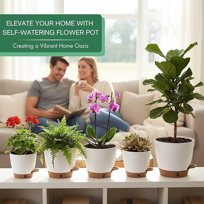 montresor 5-Pack Self-Watering Planters with Wick & Reservoir (5/5.5/6/6.5/7 Inch) – Plastic Indoor Pots with Drainage, White Flower Pot for Violet, Herb