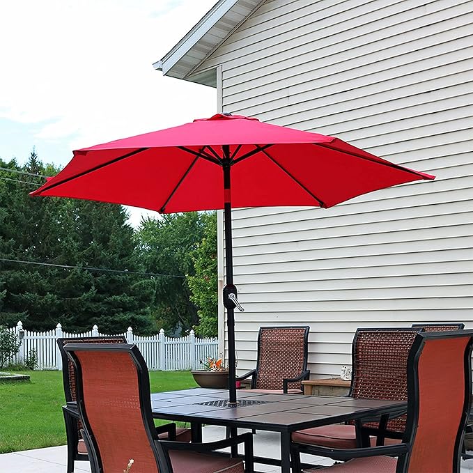 Sunnydaze Outdoor Patio Umbrella - Polyester Table Market Umbrella with Push-Button Tilt and Crank - 6 Sturdy Ribs - Red - 7.5ft