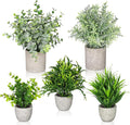 Fake Plants,5Pack Mini Potted Artificial Plant Small Faux Plant Indoor Outdoor for Home Decor,Eucalyptus Greenery Plastic Fake Green Grass Plants for Office Bathroom Shelf Farmhouse Coffee Table Decor