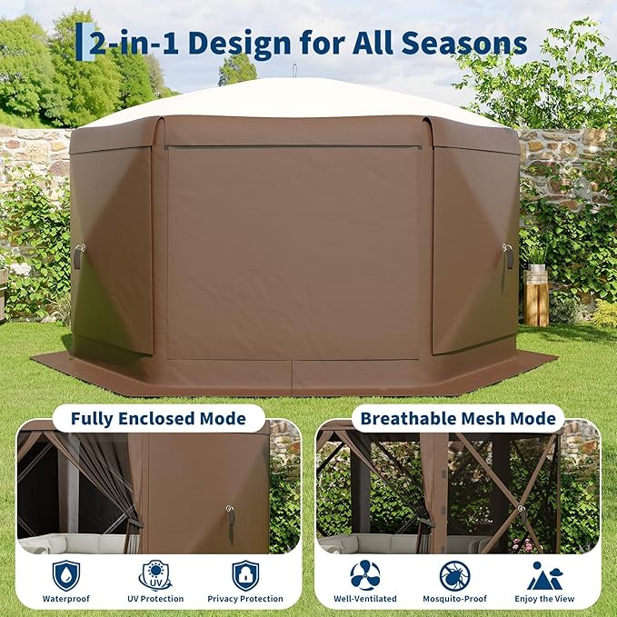 11.5x11.5FT 6-Sided Pop Up Gazebo Tent，One-Push Setup Canopy Tent with Mesh Panels & Removable Wind Cloths, Outdoor shelter for Camping, Backyard Parties, Outdoor Events - Beige & Khaki