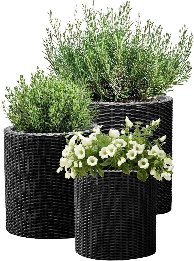 Keter Cylinder Set of 3 Rattan Resin Planter for Indoor and Outdoor Plants Ideal Decorative Planter for Porches and Patio Decor, Black