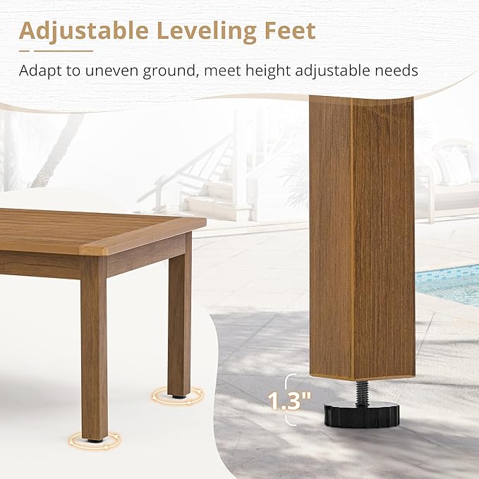 LUE BONA Outdoor Coffee Table, HDPS Patio Coffee Tables for Outside Rectangle, Adjustable Levelling Feet/Weather Resistant, Patio Table for Deck, Pool, Balcony, Indoor or Outdoor Use, Teak Color