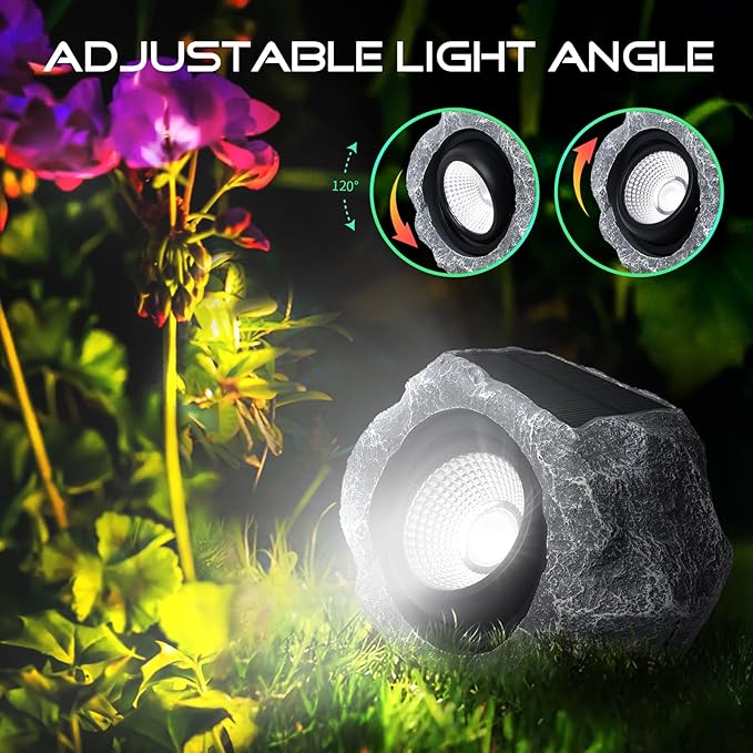 4 Pack Solar Rock Lights Outdoor, Angle Adjustable Solar Lights Outdoor Waterproof, LED Solar Garden Lights, Auto On/Off Landscape Lighting for Yard Pathway Patio Flower Bed - White Glow (Stone Gray)