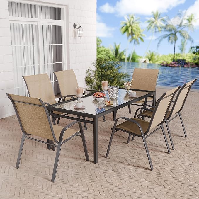 Betterhood Patio Chairs Set of 2, Stackable Outdoor Dining Chairs Set with Breathable Seat Fabric, All-Weather Powder-Coated Metal Frame for Deck, Pool Side and Backyard, 350LBS Capacity (Khaki)