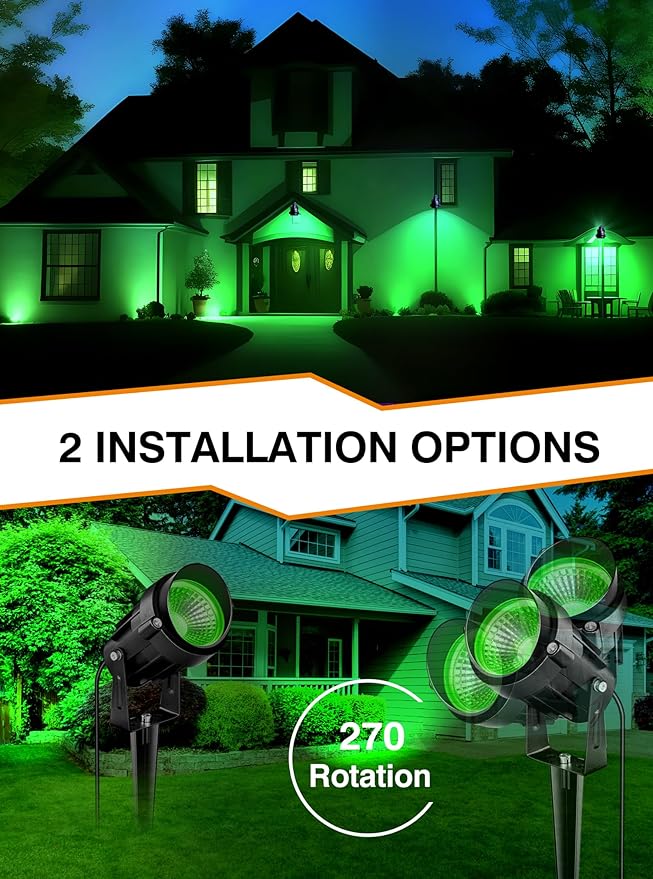 Christmas Green LED Spot Lights Landscape Lights Outdoor, 110v Plug in Landscape Lighting with IP66 Waterproof Halloween Spotlights for Garden Pathway Tree Pathway, 2 Pack7W Green LED Landscape Lights