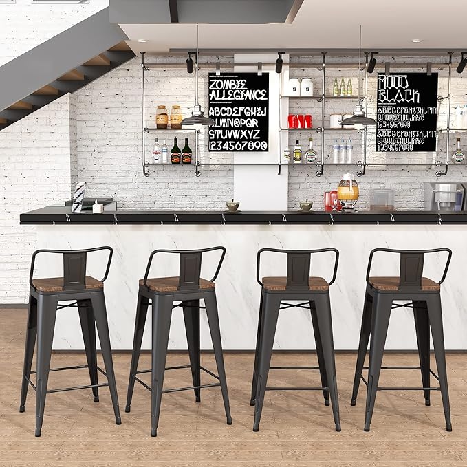Yongchuang 24" Metal Barstools Set of 4 Counter Bar Stools with Wood Top Low Back Matte Black