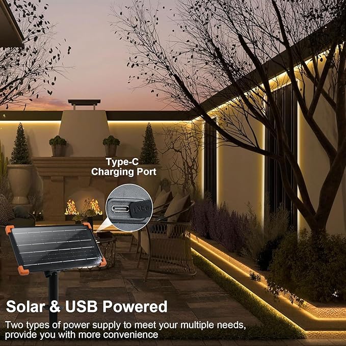 DBFAIRY 50Ft Solar LED Strip Lights Outdoor, Large Capacity Solar Powered Light Strip Auto On/Off with Remote Timer 8 Lighting Modes for Pathway Patio Pool Camping Decor, 2700K Warm White