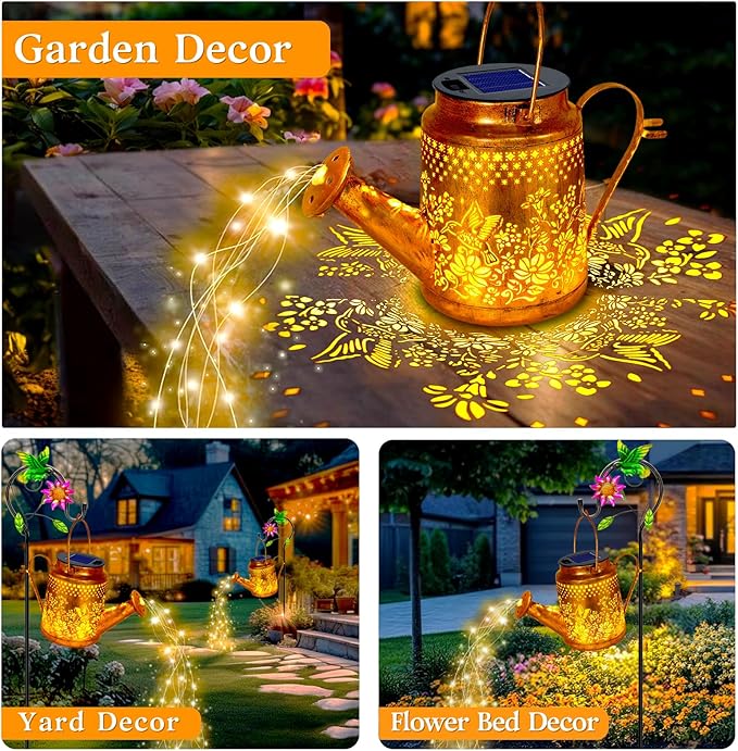 Solar Powered Hummingbird with Flowers Watering Can Lights Waterproof Outdoor Garden Decor with Shepherd Hook, Hanging Lights for Yard, Porch, Backyard Perfect Christmas Gift for Women, Mom, Grandma