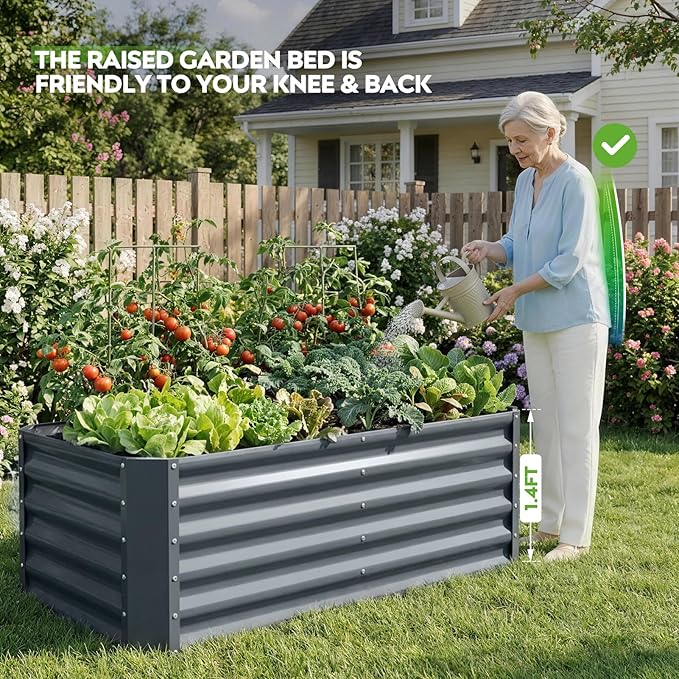 ZORMY 4×2×1.4ft Galvanized Raised Garden Bed Kit, Metal Planter Boxes Outdoor, High Raised Beds for Vegetables, Fruits, and Flowers - IronGrey