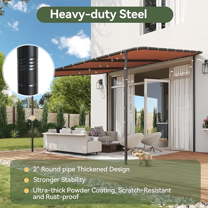 Aoxun 10x12 Lean to Gazebo Outdoor Pergola with Water Resistant & UV-Resistant, Wall-Mounted Canopy Sloped Roof Awning for Patio Backyard, Deck, or Garden Khaki