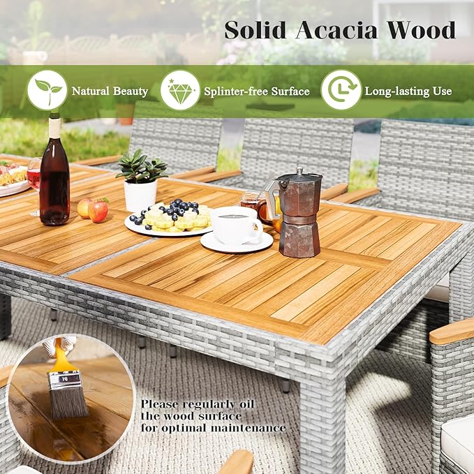 Tangkula 9 Pieces Patio PE Wicker Dining Set, Outdoor Acacia Wood Table and Chairs for 8 with Cushions and 2" Umbrella Hole, Outdoor Dining Furniture Set for Deck, Garden and Yard (Mix Grey+White)