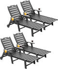 Carauci Lounge Chair Outdoor Set of 4, HDPE Chaise Lounge with Wheels, 5-Position Adjustable Backrest & 2 Cup Holders Patio Lounge Chair, All-Weather Pool Sun Lounger for Poolside, Backyard, Black